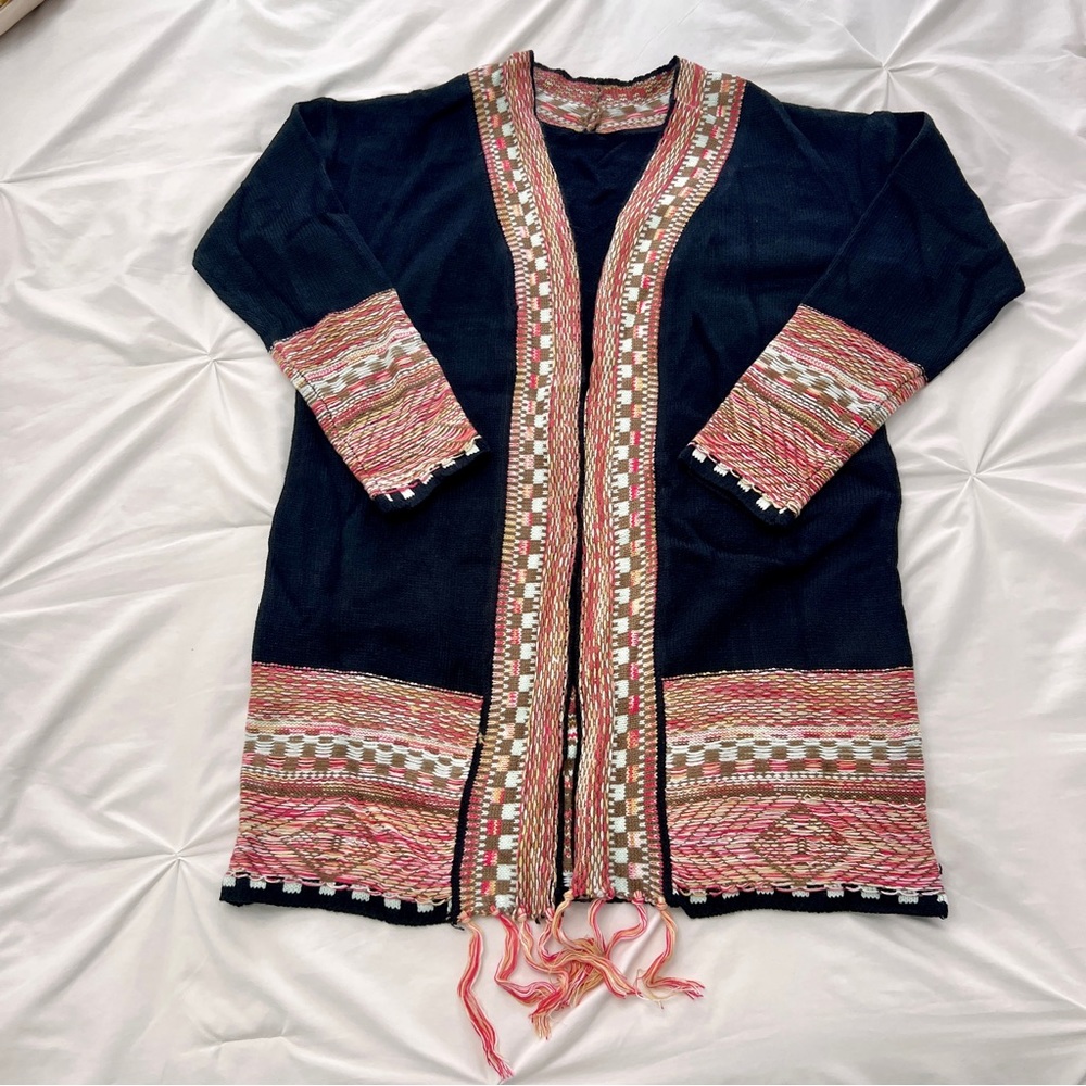 Black Cardigan Aztec Western Bohemian Print Knit Long Sleeve - Picture 11 of 16